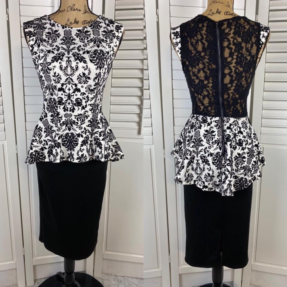 Iris Dress Black White Peplum Top Lace Back